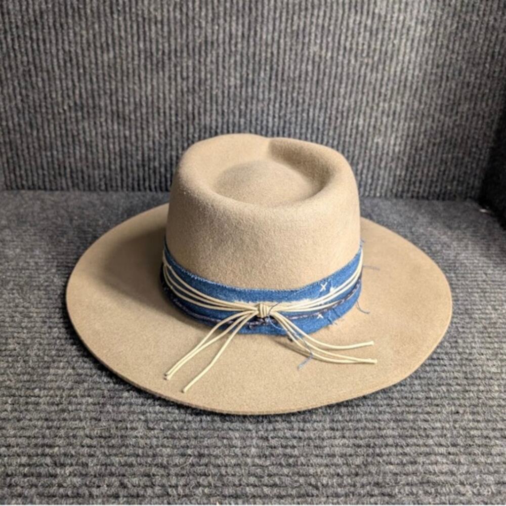Lucky Brand 100% Wool Indigo Stitch Hat Taupe Women's Boho Coastal Cowgirl